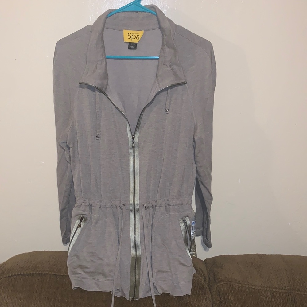 St John Spa Jersey Knit Taupe Zip Front Jacket Size Large